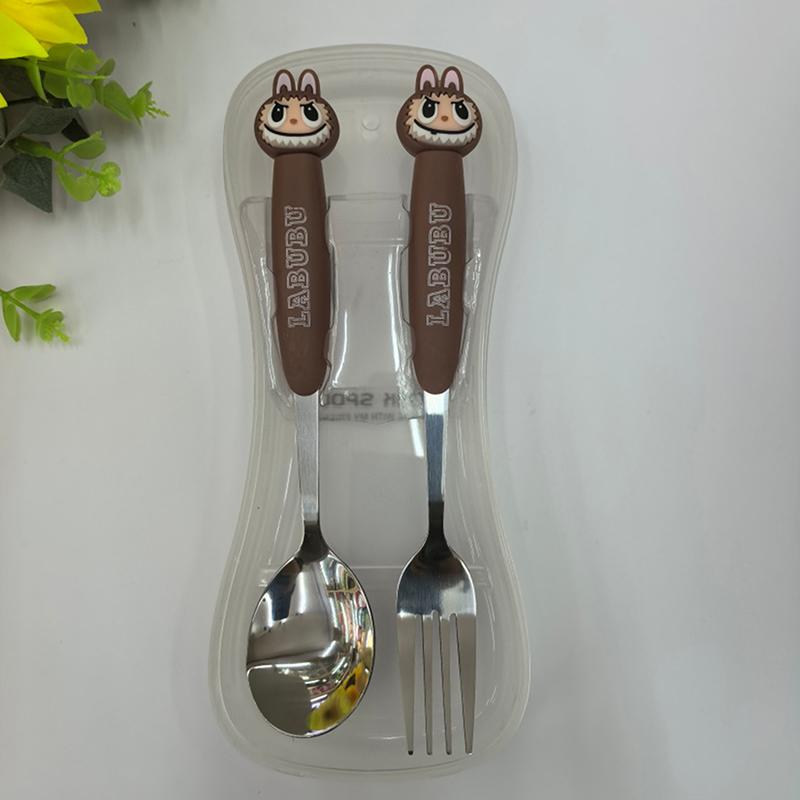 Мультяшный набор детской посуды из нержавеющей стали большого размера Labubu, набор из двух предметов, детская посуда, портативная вилка, ложка, детские товары