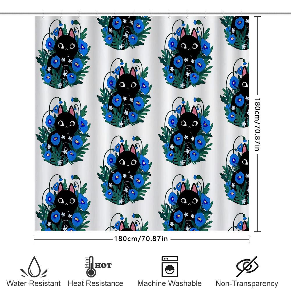 Цветочная Занавеска для Душа с Кошкой Ботанический Синий Цветок Домашний Декор Набор для Ванной Комнаты Винтажный Принт с Изображением Природы Водонепроницаемая Ткань
