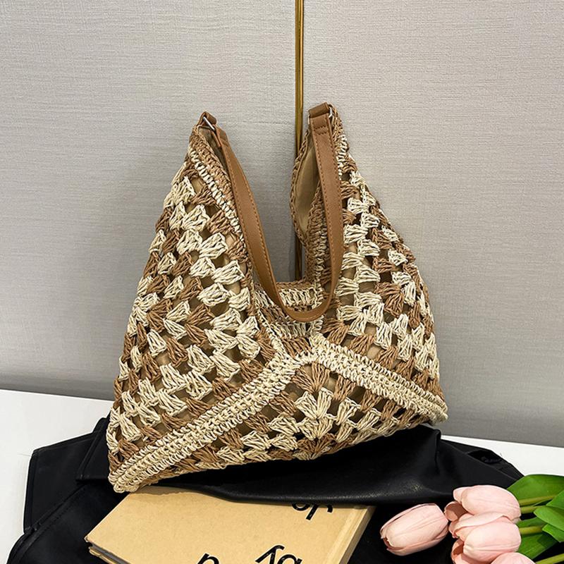 Yogodlns Летняя соломенная вязаная сумка, ажурная сумка-тоут, однотонная пляжная сумка через плечо, праздничная дорожная сумка, сумка через плечо в стиле бохо для женщин