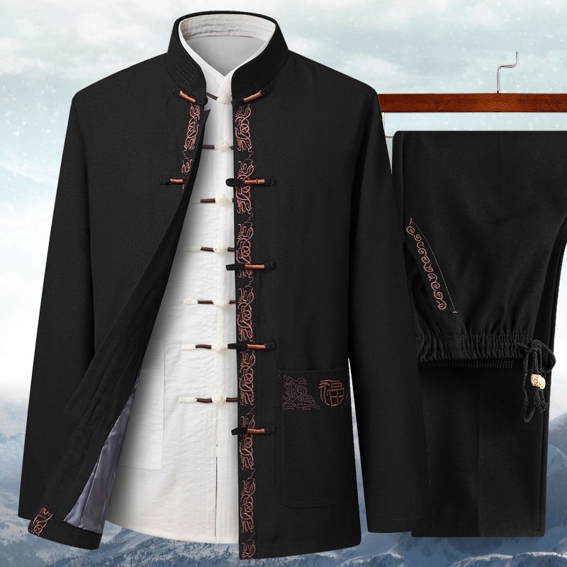 Китайский традиционный мужской костюм Тан, верх, брюки, ханьфу, восточная вышивка, комплекты одежды, повседневная форма для кунг-фу тайцзи