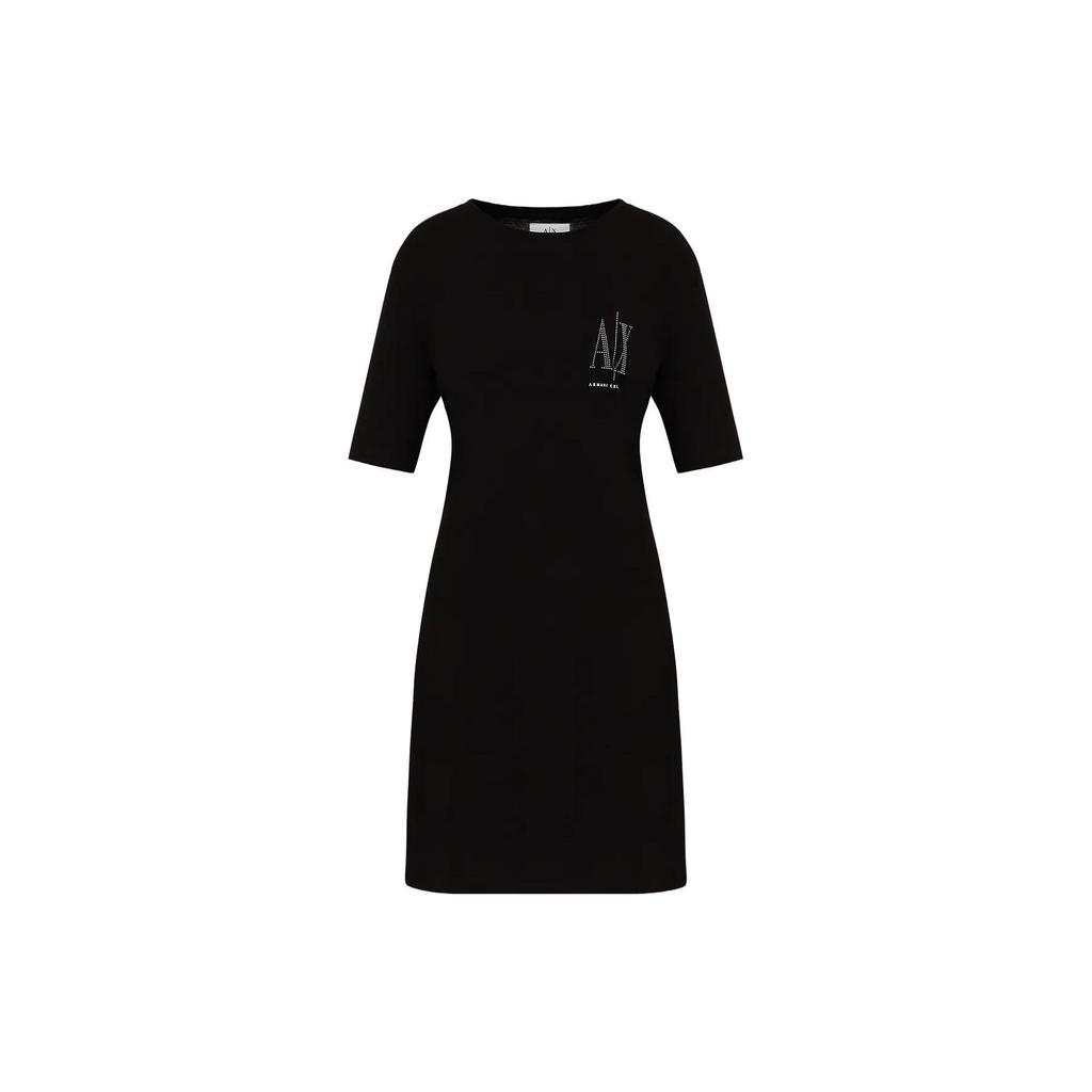 Emporio Armani Однотонное платье-миди с круглым вырезом и принтом букв, короткий рукав, женские платья, Черный 8NYADXY-JG3Z1-8218