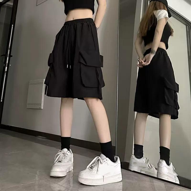 Y2K шорты карго женские Harajuku черные свободные широкие шорты летняя уличная мода высокая талия мешковатые короткие брюки