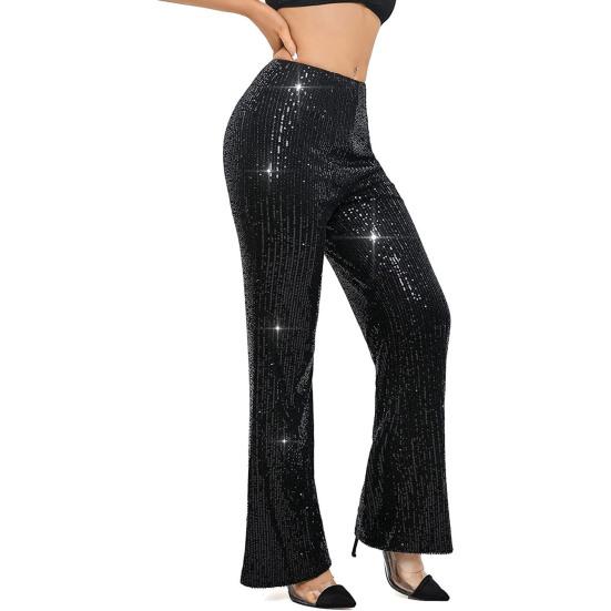 Women High Waist Sparkling Pants Wide Leg Flared Trousers Sequin Bling Party Slacks Glitter Night Out Pants Clubwear