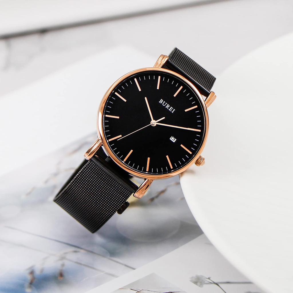 Простые стильные брендовые популярные ультратонкие легкие аналоговые часы деловые водонепроницаемые кварцевые наручные часы розовое золото черные [BUREI] мужские мужские -