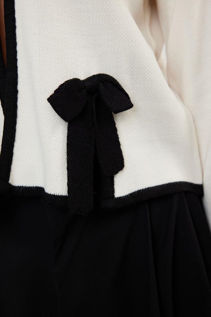 Женский элегантный кардиган с черной лентой и бантом, укороченная куртка с детальным рисунком, трикотажный кардиган