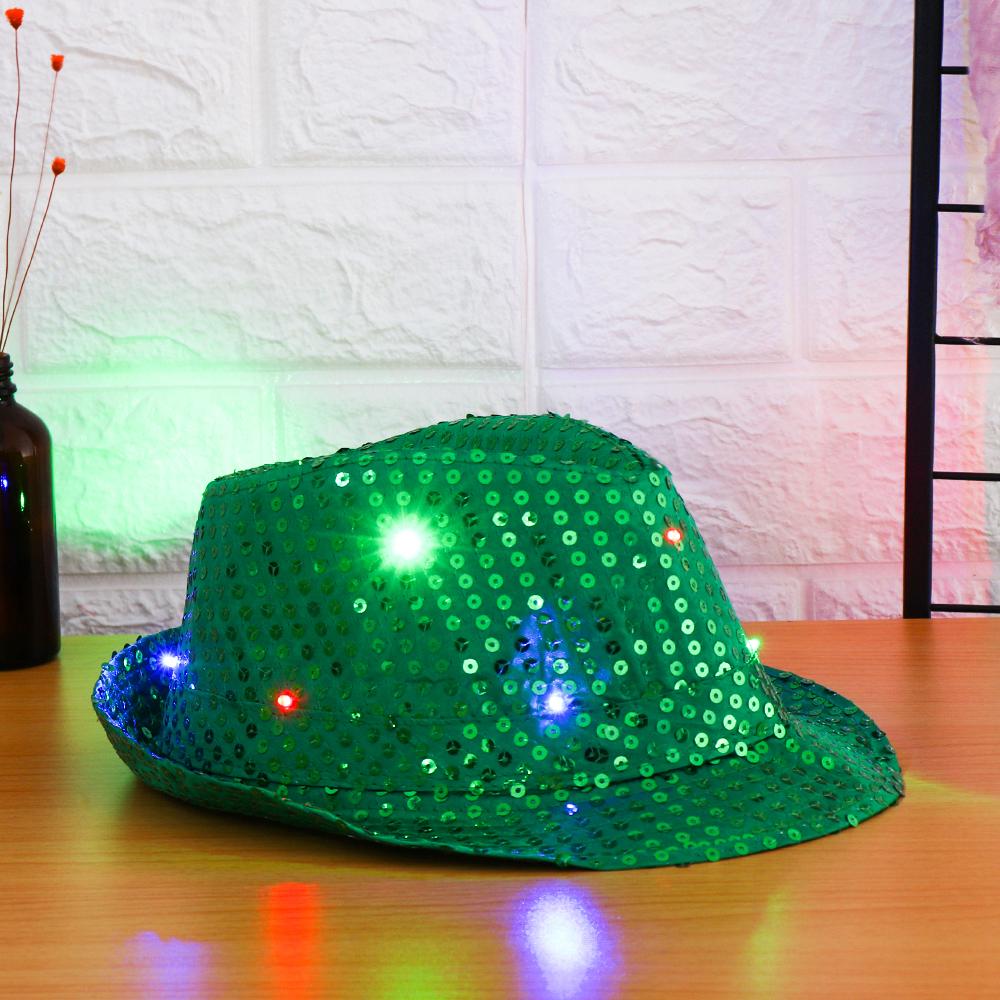 Унисекс Платье Танцевальная Вечеринка Светящаяся Джазовая Шляпа Светодиодная Федора Трилби Панама с Пайетками