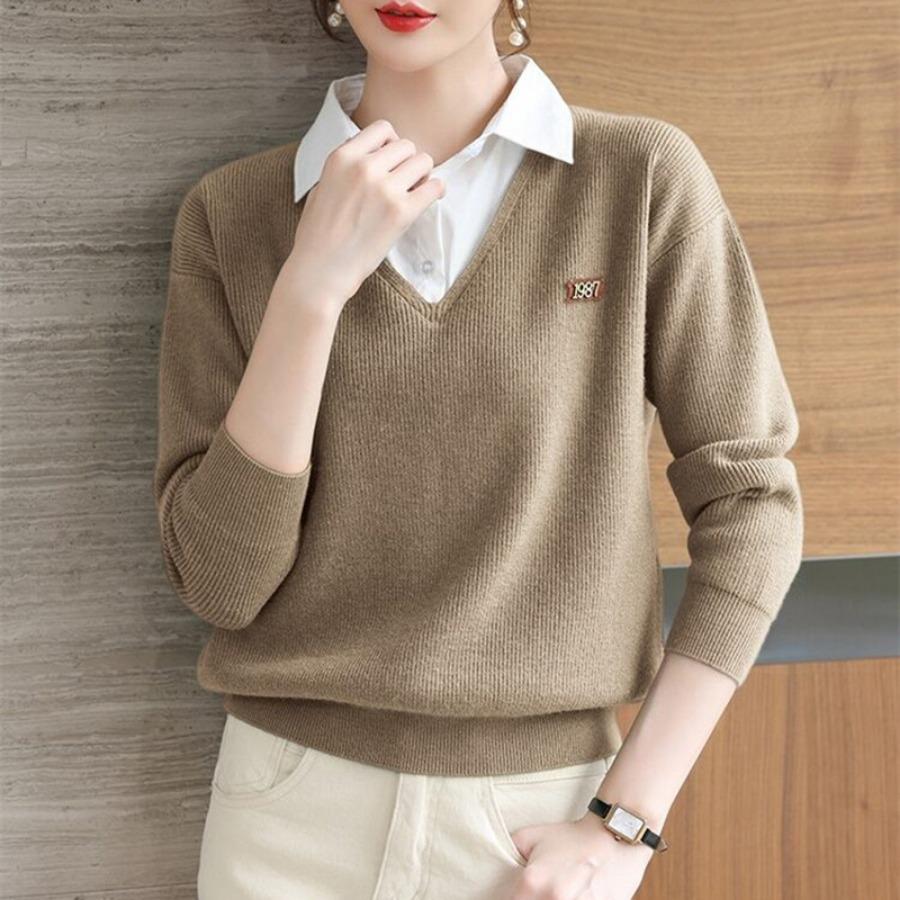 Faux Two Piece Long Sleeve Knit Sweaters Fashion Lapel Shirt Pullover Blouse Women Autumn Winter Tops