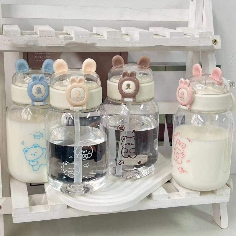 Бутылка для воды Kawaii Rabbit объемом 500 мл, портативная, симпатичная, в форме уха, с трубочкой и крышкой, летняя посуда для питья на открытом воздухе для кемпинга