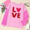 Women Valentines Day Sweatshirt Sequin Sleeves Heart Pattern Bright Color Round Neck Long Sleeve Loose Mid Length Pullover Party Holiday Top