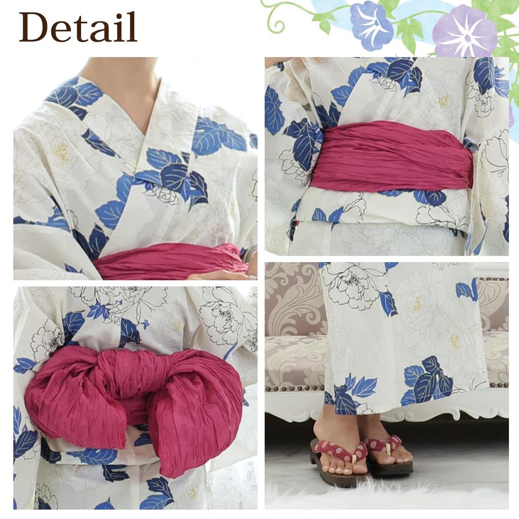 Yukata Layered Peony Heiko Thong Geta One Size Fits Most [RAVIR] Women's 3-piece Set, Flowers, Lovely, Kimono, Fluffy, Obi, Set, Blue,
