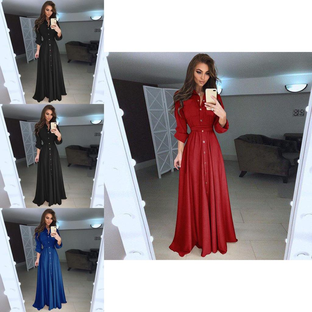 Sleeve Long Women Button Dowm Maxi Dress Evening Party Casual Dress Shirt