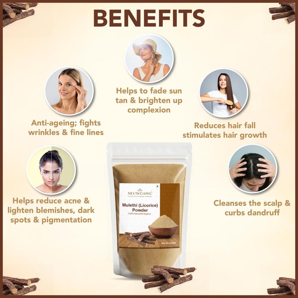 Neuwganic Organic Mulethi Powder (150gm) | Ayurvedic Herb for Face Pigmentation, Face & Hair Pack | Pure Licorice Root Powder for Skin Brightenin