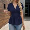 Женские топы с V-образным вырезом, реглан, короткий рукав, рубашка, плиссированный край, однотонные, облегающие талию, топы обычного кроя, повседневная одежда