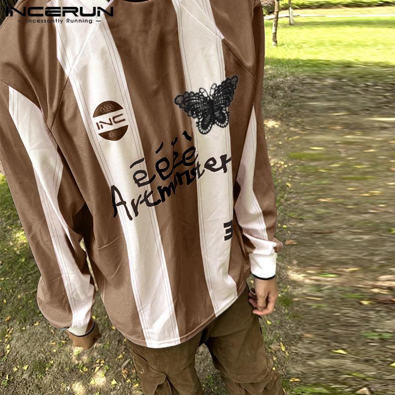 INCERUN Мужские футболки с круглым вырезом и длинным рукавом с буквенным принтом, повседневные полосатые топы