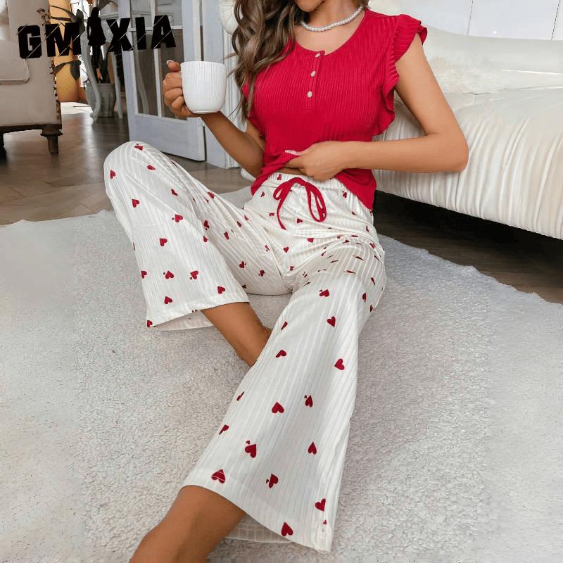 GMXIA Женская домашняя одежда Летние брюки с принтом Love, с оборками, повседневные, в полоску пике, можно носить на улице, пижама