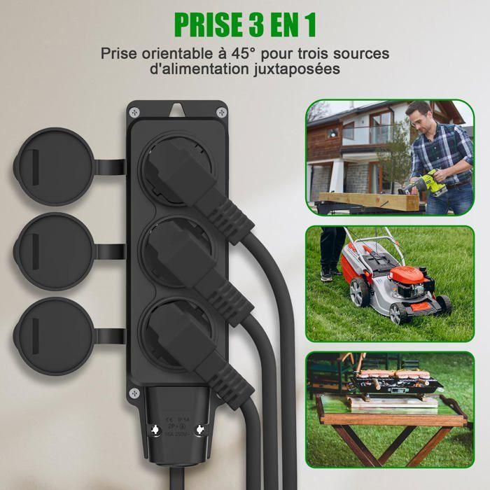 Prise multiple extérieure - AIMOONSA - 3 prises - IP54 - Rotation 45° - Pack 2