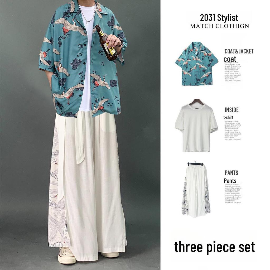 Men's Chinese Style Ice Silk Taoist Robe: Trendy Three-Piece Hanfu Tang Suit for Summer