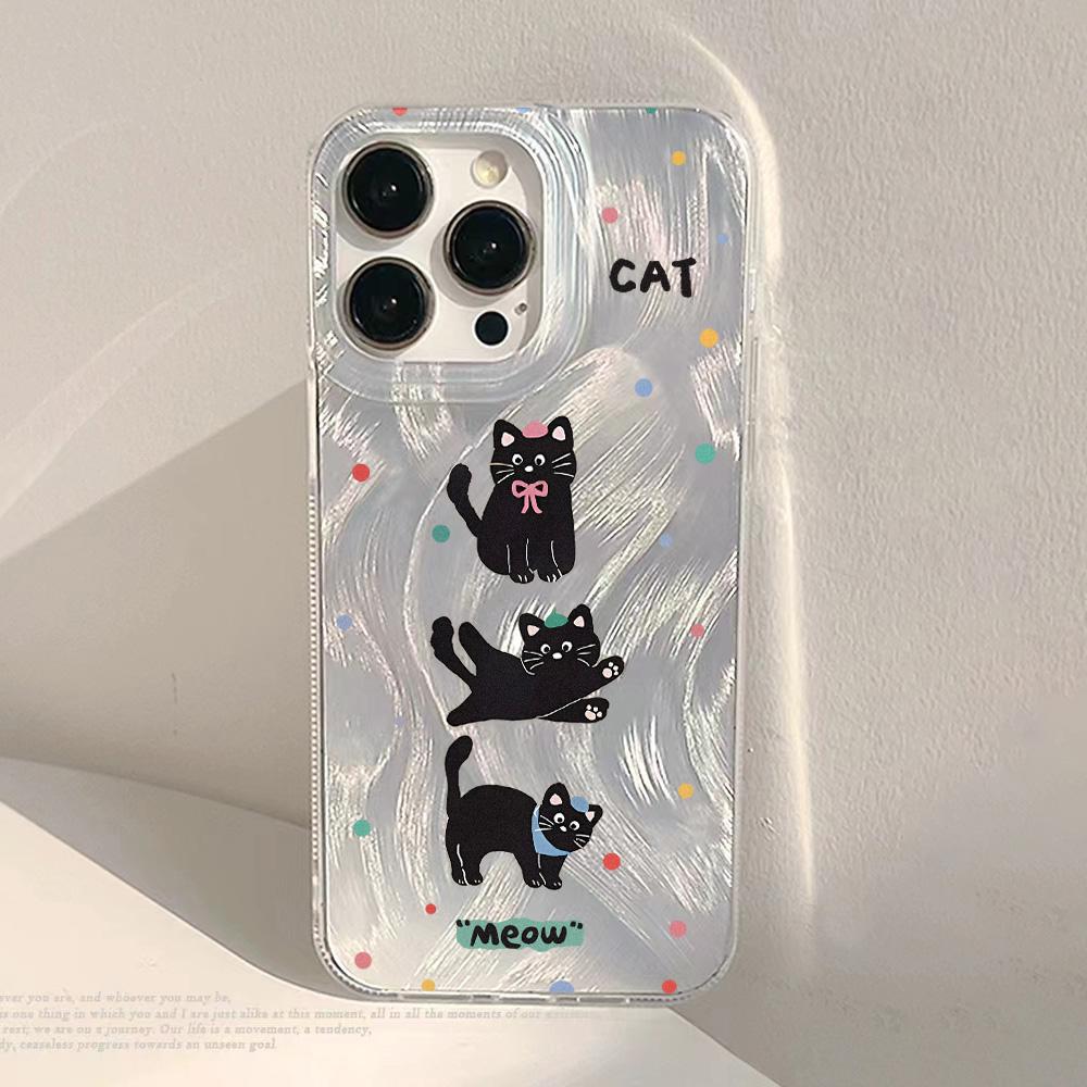 Cute Black Cat Phone Case For iPhone 17 Air Case iPhone17 16 15 11 12 13 14 Pro Max Plus Laser Silver Feather Texture Shockproof Cover
