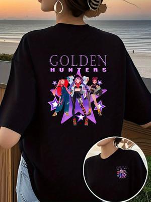 Женская футболка с аниме-графикой Golden Hunters, двусторонняя печать, персонажи Golden Hunters на спине, повседневная футболка с коротким рукавом