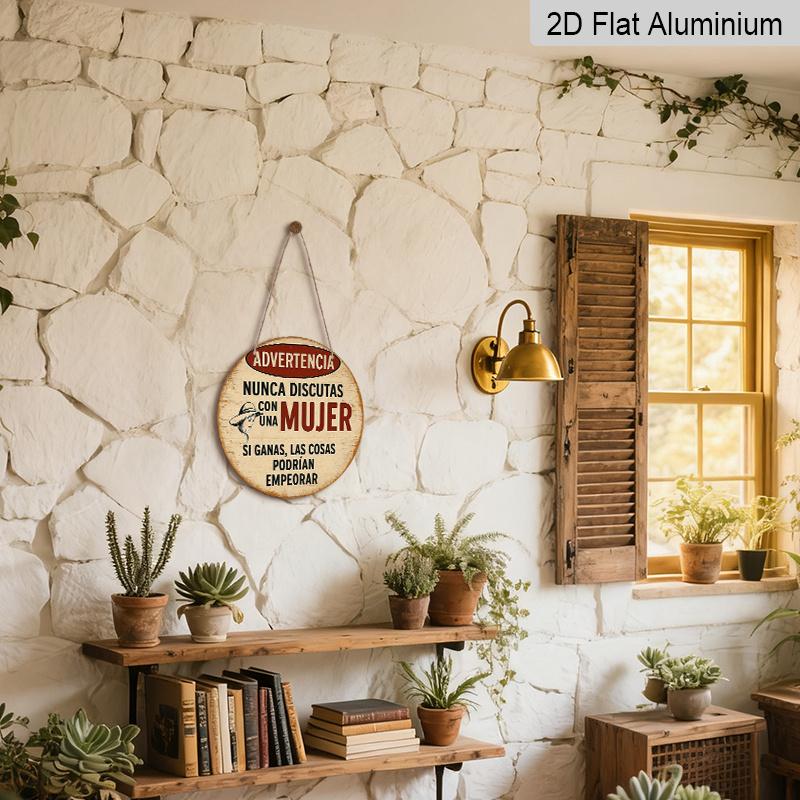 2D Flat, 1pc 7.87in Vintage Round Metal Aluminum Sign, Spanish "Advertencia Nunca Discutas Con Una Mujer" Funny Warning Quote Design, Retro Humorous