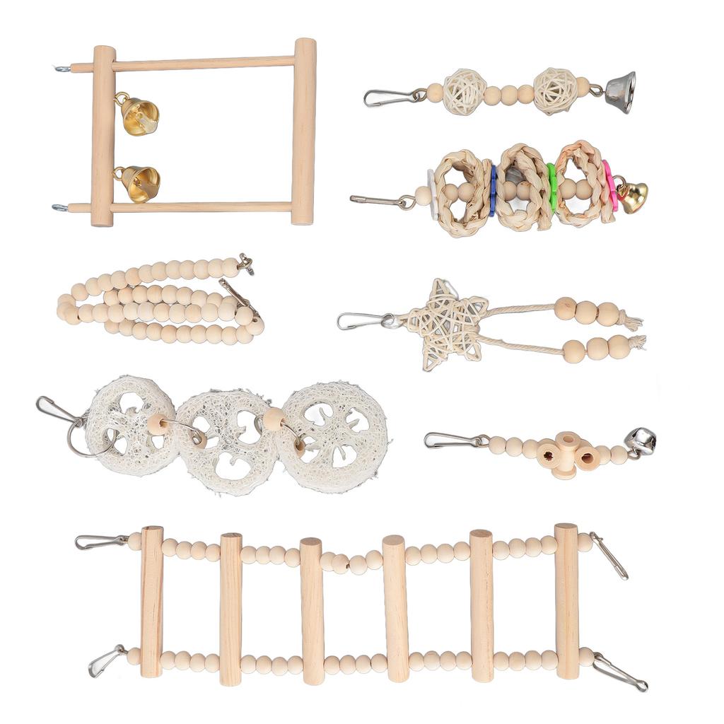 8pcs Parrot Chew Toy Set Hanging Bell Bird Cage Toy Climbing Ladder Chewing Toys Wood Shredding