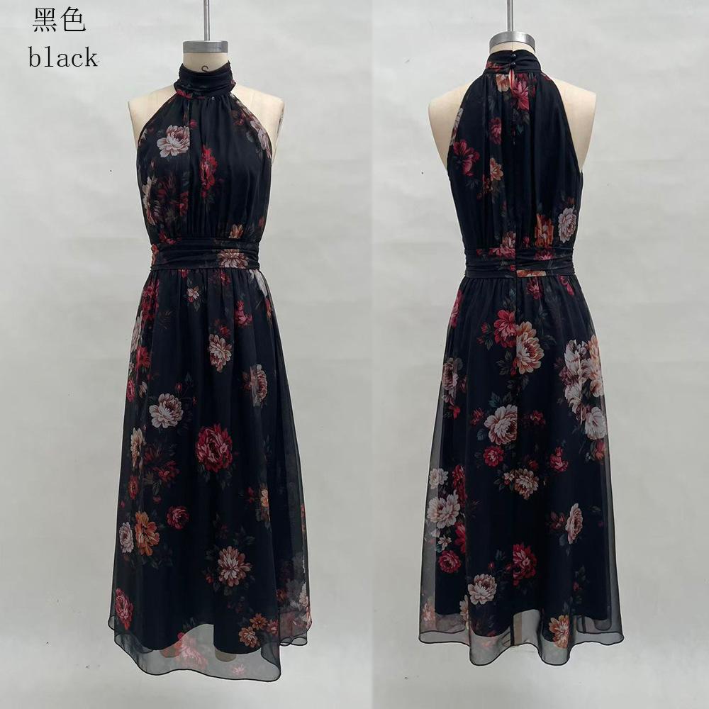 European and American cross-border 2026 women's clothing hip-wrapped mesh printing irregular split pleats sexy suspender dress long dress