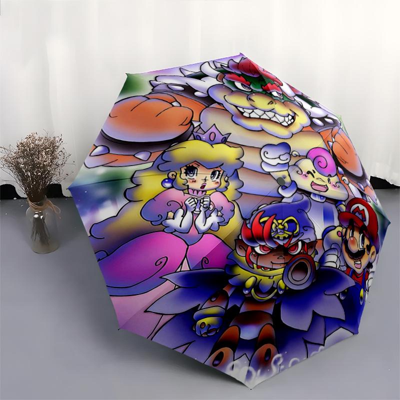 1pc Bowser's Castle Clash Mario Bros Adventure Pattern Beautiful Looking Fashion Automatic Folding Cartoon Umbrella, 3 Folding, 8 Iron Frame Desi