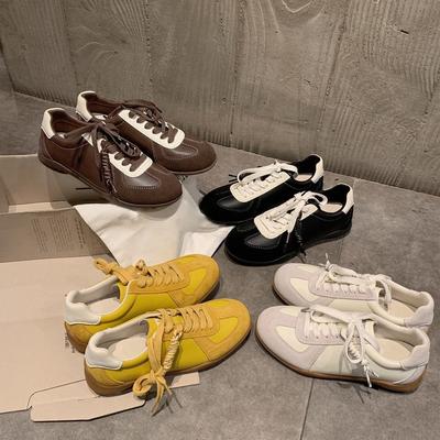 20255 весна и осень новая шнуровка, сочетание цветов, круглый носок, универсальные, удобные, повседневные кожаные кеды на платформе, увеличивающие рост, немецкие тренировочные туфли женские