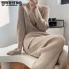 WTEMPO Осень-зима, женские комплекты из 2 предметов, вязаный спортивный костюм, свитер с круглым вырезом и длинные широкие спортивные штаны, пуловеры, костюмы