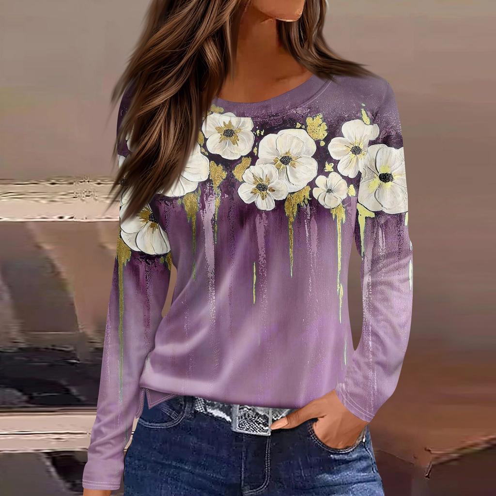 Women's Fashion Casual Slit Hem Round Neck Long Sleeve Loose  Printed T-Shirt Ladies Top