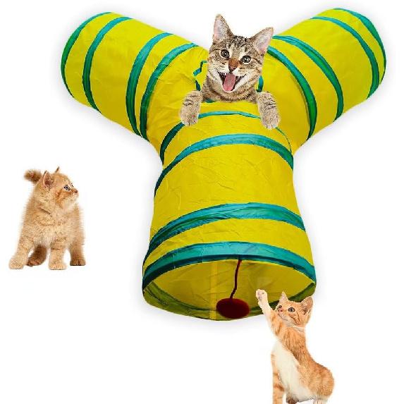 Cat Tunnel Tube Toys, Tunnels for Indoor Cats, 3 Way Colorful White Gray Collapsible Interactive Toy with Balls for Rabbits, Kittens, Ferrets, Puppy