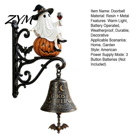 Illuminated Porch Hanging Halloween Light Up Ghost Pumpkin Doorbell, Vintage Resin Wall Bell with Spooky Yard Accessories Warm Glowing, Battery