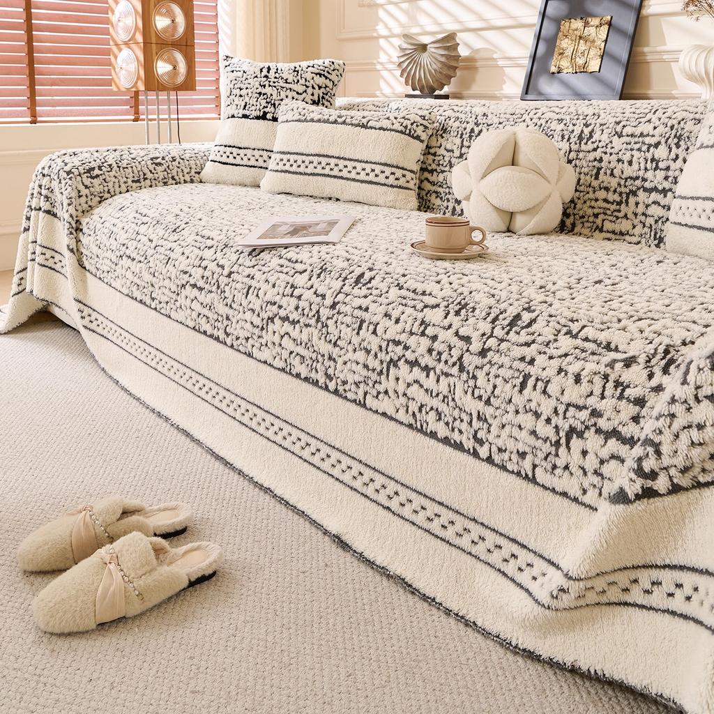 Insulated Fuzzy Plush Couch Throw Nordic Style Full Cover Couch Cloth Cold Weather Stretchy Sofa Protectors Home Office Car Armchair Nap