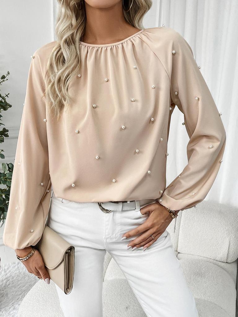 Beaded Lantern Sleeve Round Neck Shirt - Autumn Fashion for Women