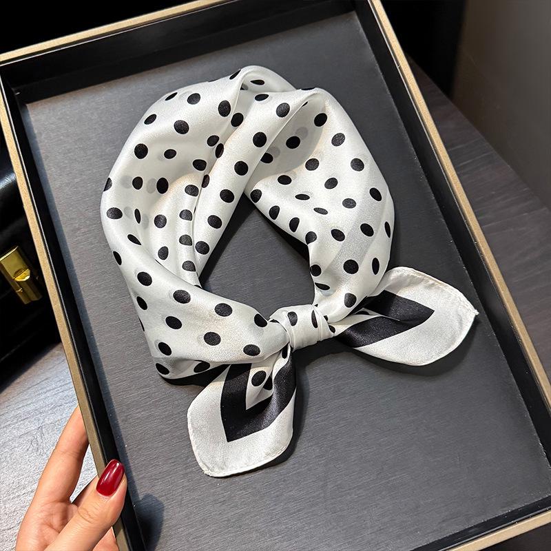 Versatile White Polka Dot Mulberry Silk Scarf - Stylish Korean Small Square for Spring/Summer