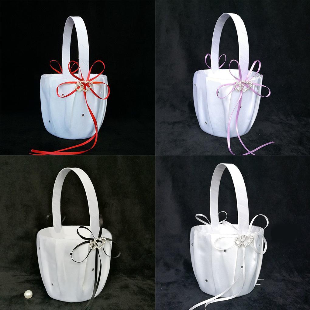 Colorful Bowknot Burlap Satin Wedding Ceremony Party Rose Flower Girls Basket