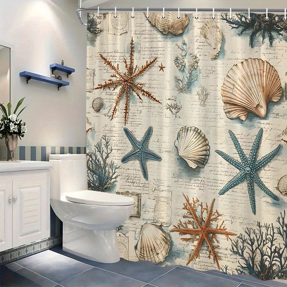 Seashell & Starfish Curtain - Cream Texture, Blue Coral, 70In, 12 Hooks, Coastal Bath