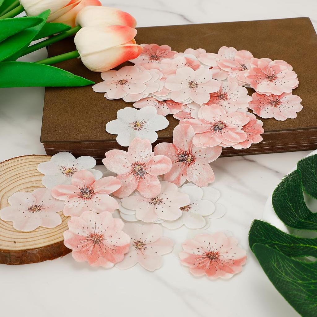 50pcs Edible Cherry Blossom Cake Toppers, Wafer Paper Flower Decorations for Cupcakes, Wedding, Birthday, and Party Cakes