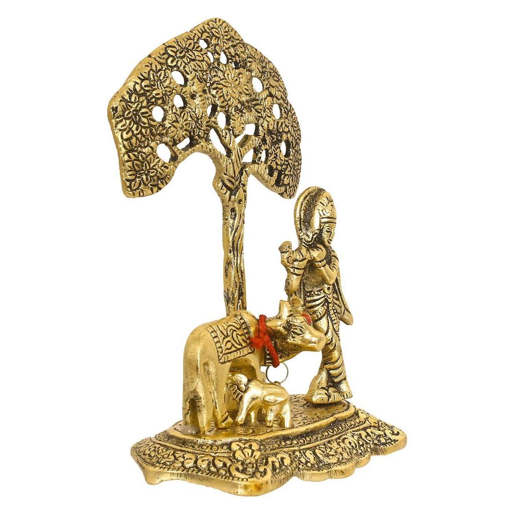 Lord Krishna Playing Flute Under Tree with Golden Cow and Calf Showpiece