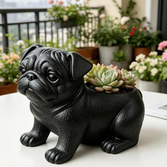 3D-печатная фигурка мопса-кашпо, Реалистичная статуэтка собаки с задним слотом для посадки, Матово-черный декор для суккулентов, мини-растений, трав, Многоцелевое хранилище