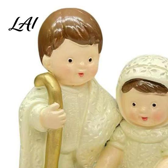 Miniature Holy Family Resin Figurine Cute Cartoon Nativity Scene Ornament for Christmas Decor Desktop Shelf Decoration Hand Painted Parents and Kid