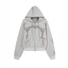Vintage Faux Leather Hoodie Plum Blossom Embroidery Loose Drop Shoulder Unisex Casual Jacket Light Grey Rose Red S-2XL