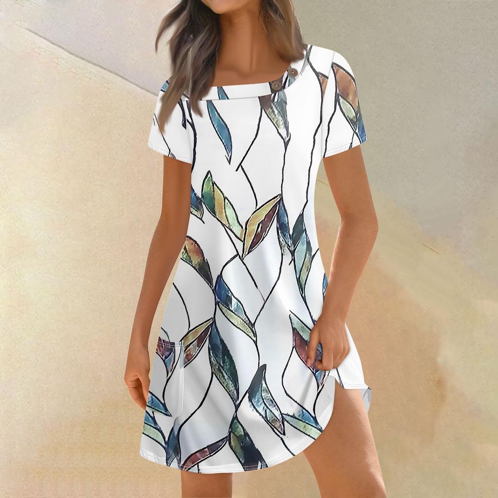 Женская мода, летние платья с квадратным вырезом и коротким рукавом, повседневные свободные платья с карманами и пуговицами в стиле пэчворк с принтом