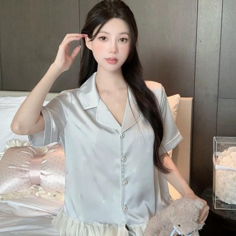 Ice silk pajamas women's summer new French ruffle edge high-end short-sleeved shorts thin light luxury loungewear set