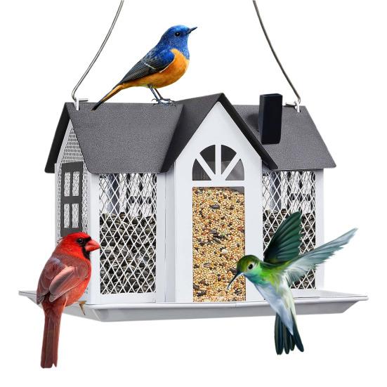 Садовый подвесной домик кормушка для птиц 3 отделения большая емкость украшение для двора снаружи металл