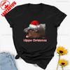 Moo Deng Pygmy Hippopotamus Christmas Hat Graphic Tshirt High Quality Cotton Crewneck Tops Tee Shirt Short Unisex Casual Style