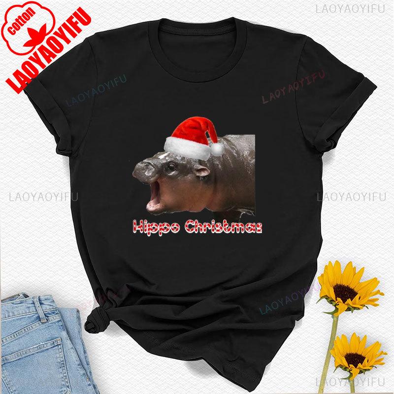 Moo Deng Pygmy Hippopotamus Christmas Hat Graphic Tshirt High Quality Cotton Crewneck Tops Tee Shirt Short Unisex Casual Style