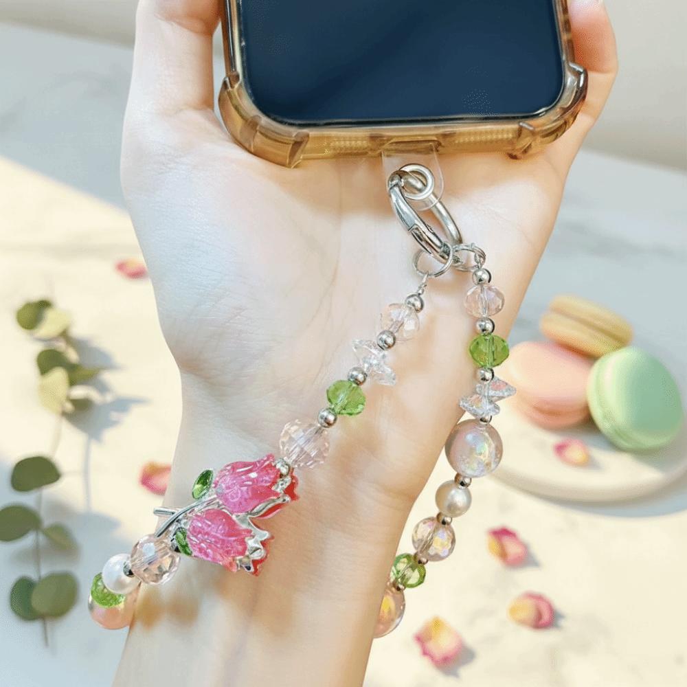 Pearl Cell Phone Chain Tulip Flower Mobile Phone Lanyard Crystal Bead Phone Strap New Year Gift
