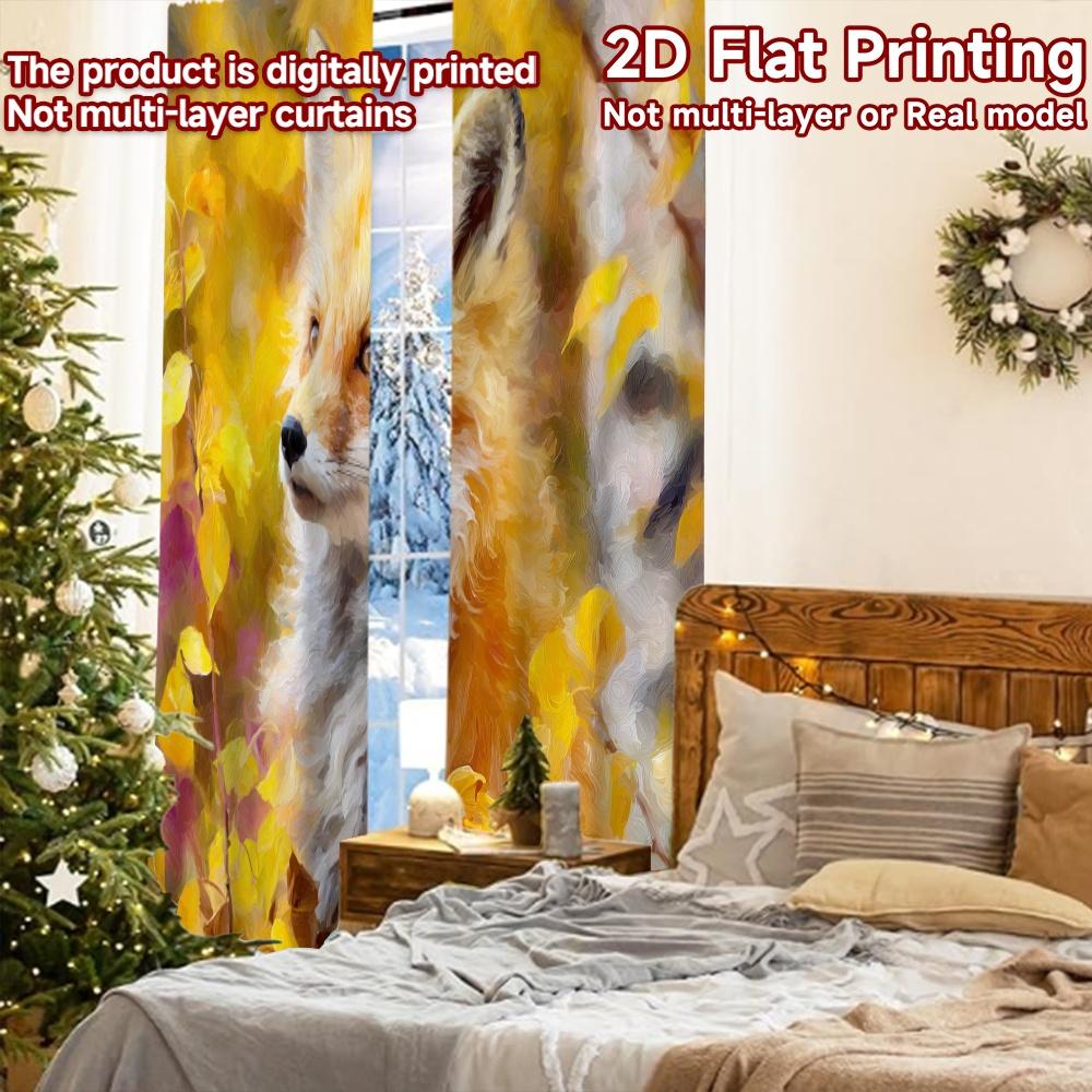 2 шт., Шторы с плоской 2D-печатью (Без Рода) Осенний лис(1) Рождественские праздничные шторы Универсальные шторы из полиэстеровой ткани Комната