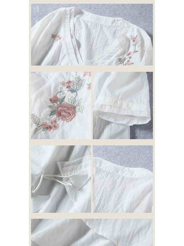 2024 Women's Chinese Style Zen Cotton-Linen Embroidered Slant-Breasted Mid-Sleeve Lace-Up Top